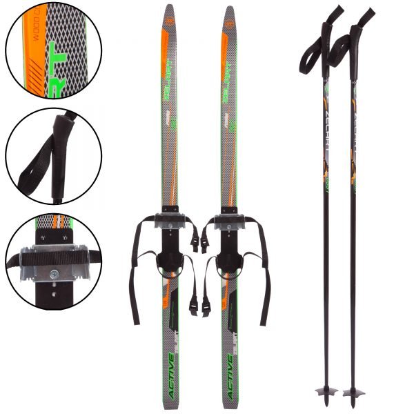 Лыжи беговые в комплекте с палками Zelart (l-лыж-110см,l-палки-90см,PVC чехол,крепление регулируемое, цвета в ассортименте) - Цвет Черный-салатовый-оранжевый