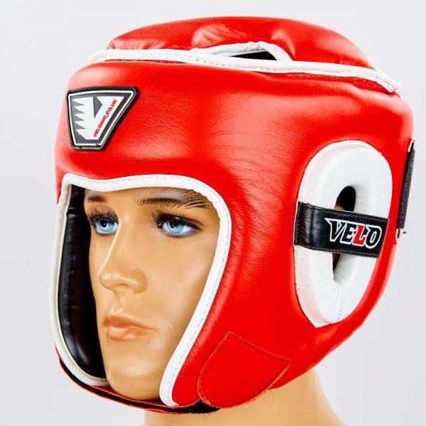 Шлем боксерский открытый с усиленной защитой макушки кожаный VELO  (р-р M-XL, цвета в ассортименте) - Красный-XL