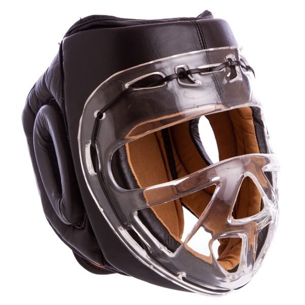 Шлем для единоборств с прозрачной маской кожаный ELS (р-р XS-XL, цвета в ассортименте) - Черный-XS