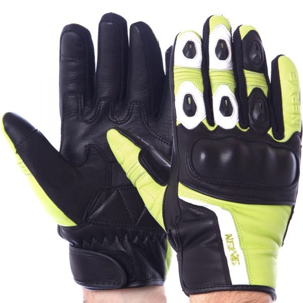 Мотоперчатки кожаные с закрытыми пальцами и протектором NERVE (р-р L-XL, цвета в ассортименте) - Черный-лимонный-XL