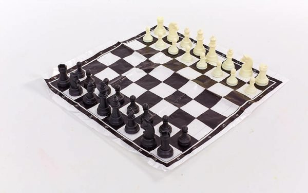 Шахматные фигуры пластиковые с полотном для игрAHM (пластик, h пешки-2см)