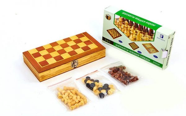 Шахматы, шашки, нарды 3 в 1 деревянные (фигуры-дерево, р-р доски 24см x 24см)
