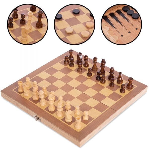 Шахматы, шашки, нарды 3 в 1 деревянные (фигуры-дерево, р-р доски 30см x 30см)