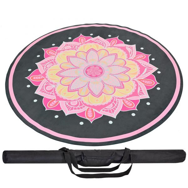 Коврик для йоги круглый Замшевый каучуковый двухслойный с чехлом 3мм Record (диаметр 150см, черный-розовый, с принтом Огненный Цветок)