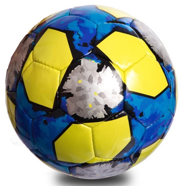 Мяч футбольный №5 PU ламин. (№5, 5 сл., сшит вручную, салатовый-синий-серый)