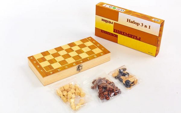 Шахматы, шашки, нарды 3 в 1 деревянные (фигуры-дерево, р-р доски 29x29см)