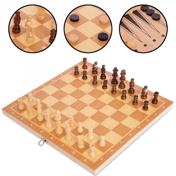 Шахматы, шашки, нарды 3 в 1 деревянные (фигуры-дерево, р-р доски 34x34см)