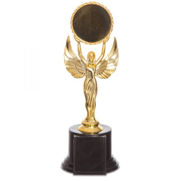 Награда (приз) спортивная НИКА с местом под жетон (пластик, h-23cм, b-7,5см, золото)