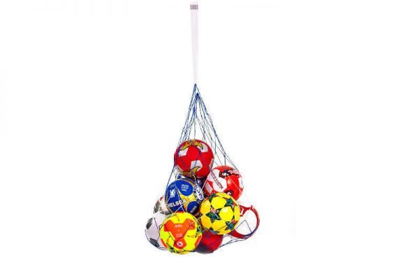 Сетка для мячей UR (полипропилен, d-2,5мм, 5 мячей, ячейка 12см, синий-белый, синий-желтый)