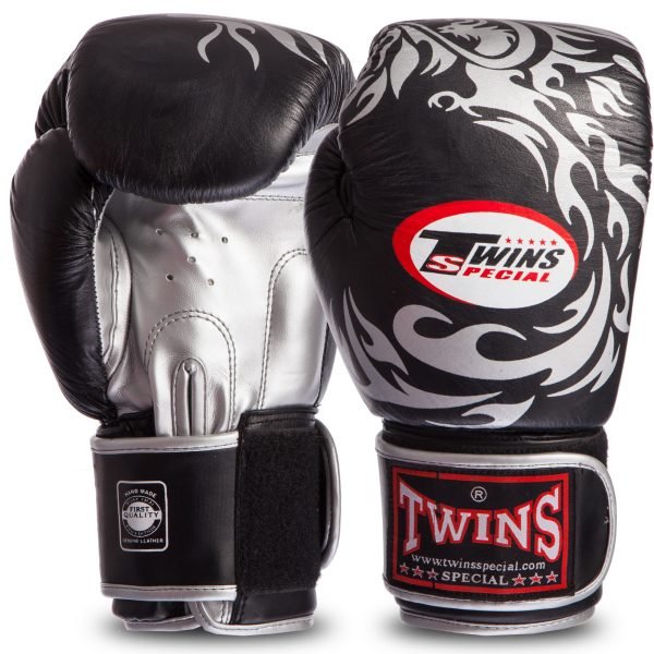 Перчатки боксерские кожаные на липучке TWN (р-р 10-16oz, цвета в ассортименте) 0270-S - Черный-серебряный-10 унции