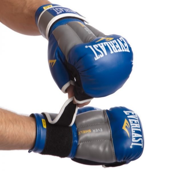 Перчатки гибридные для единоборств ММА PU ELAST (р-р 10-12oz, цвета в ассортименте) - Синий-серый-10 унции