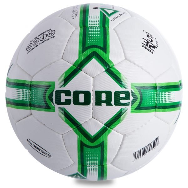 Мяч футбольный №5 PU ламин. CORE BRILIANT SUPER (№5, 4 сл., сшит вручную, белый-зеленый)