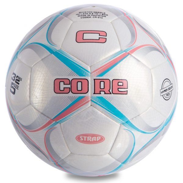 Мяч футбольный №5 PU HIBRED Сшит машинным способом CORE STRAP (№5, 5сл., белый-розовый-голубой)