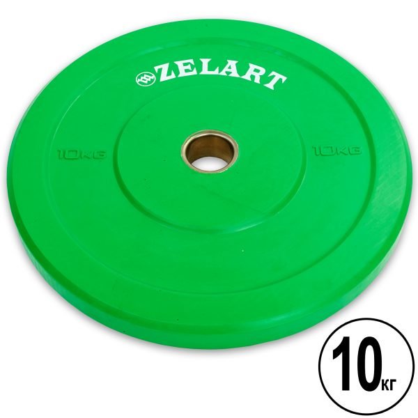 Бамперные диски для кроссфита Bumper Plates резиновые d-51мм Zelart Z-TOP ТА-5125-10 10кг (зеленый)