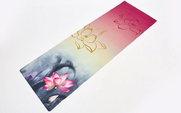 Коврик для йоги Джутовый (Yoga mat) двухслойный 3мм Record (размер 1,83мx0,61мx3мм, джут, каучук, серый-розовый, с принтом Лотос)