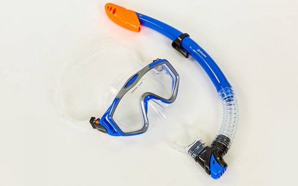 Набор для плавания маска с трубкой Zelart (термостекло, силикон, пластик, цвета в ассортименте) - Цвет Синий-серый-прозрачный
