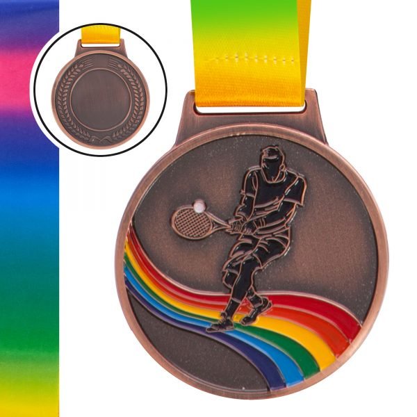 Медаль спортивная с лентой цветная d-6,5см Большой теннис (металл, 38g золото, серебро, бронза) - Цвет Бронзовый