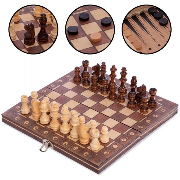 Шахматы, шашки, нарды 3 в 1 деревянные с магнитом (фигуры-дерево, р-р доски 24см x 24см)