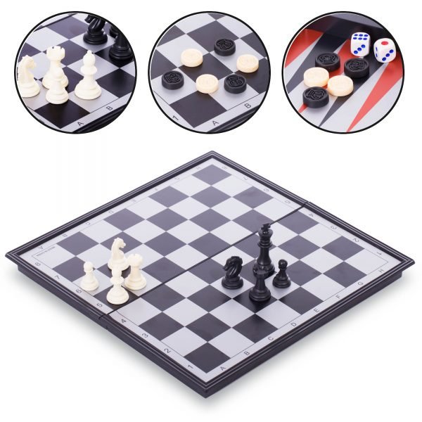 Шахматы, шашки, нарды 3 в 1 дорожные пластиковые магнитные (р-р доски 27см x 27см)