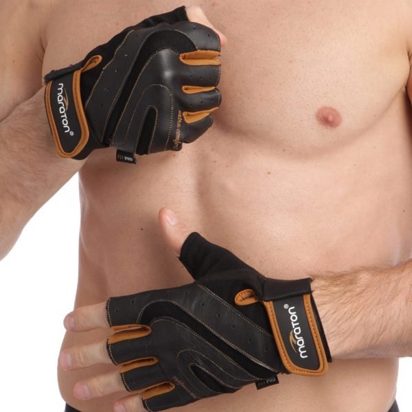 Перчатки спортивные MARATON (PL, PVC, открытые пальцы, р-р L-XXL, цвета в ассортименте) - Черный-коричневый-L
