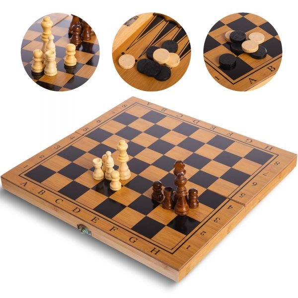 Шахматы, шашки, нарды 3 в 1 бамбуковые (фигуры-дерево, р-р доски 34x34см)
