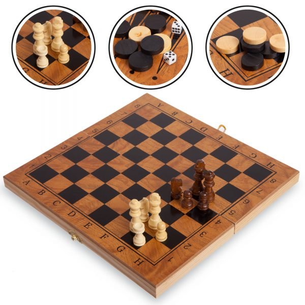 Шахматы, шашки, нарды 3 в 1 деревянные (фигуры-дерево, р-р доски 39см x 39см)