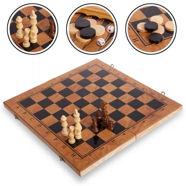 Шахматы, шашки, нарды 3 в 1 деревянные (фигуры-дерево, р-р доски 29см x 29см)
