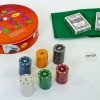Покерный набор в круглой металлической коробке-120 фишек (с номиналом,2кол.карт,полотно)