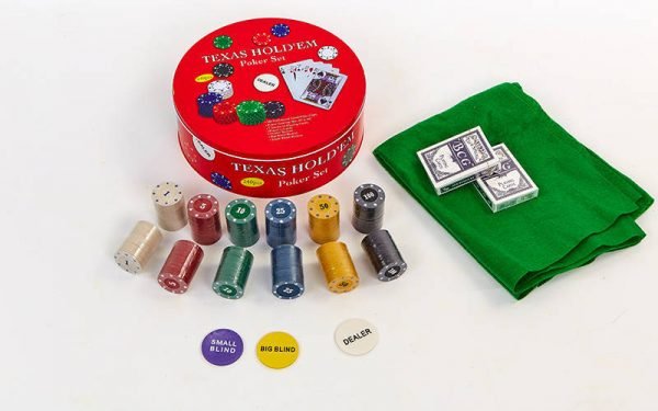 Покерный набор в круглой металлической коробке-240 фишек (с номиналом,2кол.карт,полотно)