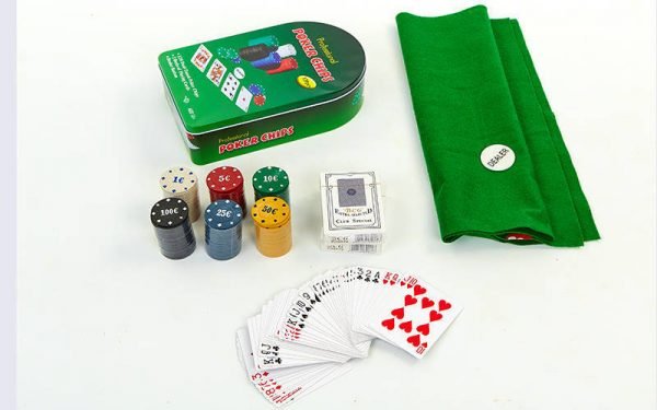 Покерный набор в металлической коробке-120 фишек (с номиналом,2 кол.карт,полотно)