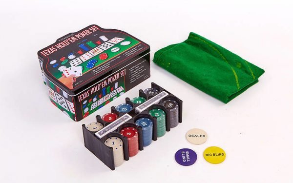 Покерный набор в металлической коробке-200 фишек (с номиналом,2к.карт,5куб)