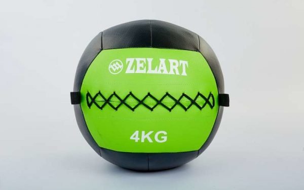 Мяч волбол для кроссфита и фитнеса 4кг Zelart WALL BALL (PU, наполнитель-метал. гранулы, d-33см, черный-зеленый)