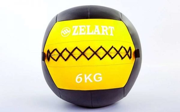 Мяч волбол для кроссфита и фитнеса 6кг Zelart WALL BALL (PU, наполнитель-метал. гранулы, d-33см, черный-желтый)