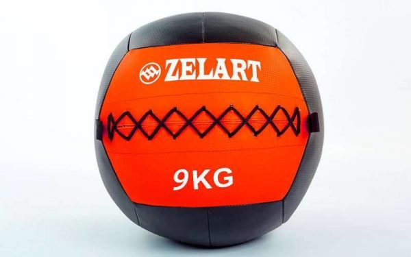 Мяч волбол для кроссфита и фитнеса 9кг Zelart WALL BALL (PU, наполнитель-метал. гранулы, d-33см, черный-красный)