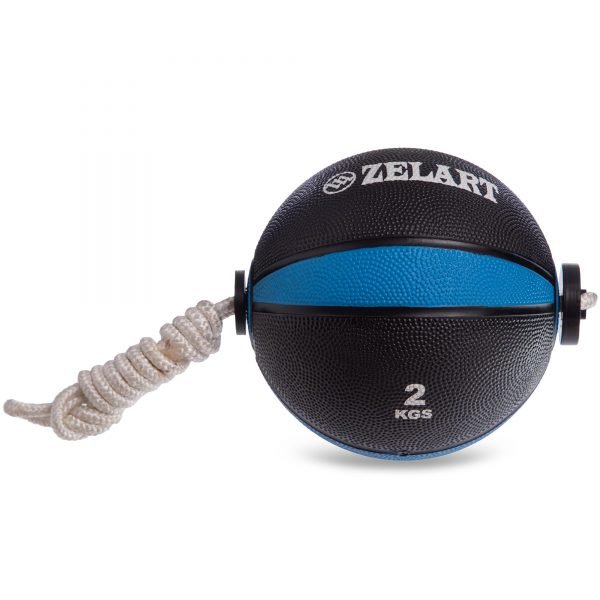 Мяч медицинский медбол с веревкой Zelart Medicine Ball 2кг (резина, d-19см, черный-красный)