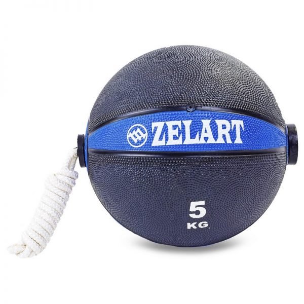 Мяч медицинский медбол с веревкой Zelart Medicine Ball 5кг (резина, d-24см, черный-синий)