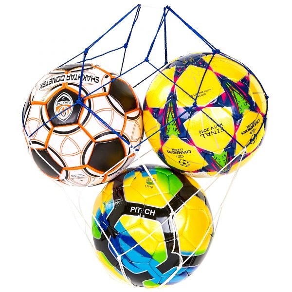 Сетка для мячей UR (полипропилен, d-2,5мм, 3 мяча, ячейка 12см, синий-белый, синий-желтый)