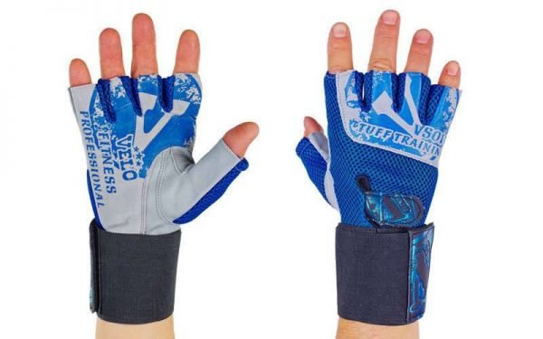 Перчатки для тяжелой атлетики кожаные VELO размер S-XL синий-серый - S