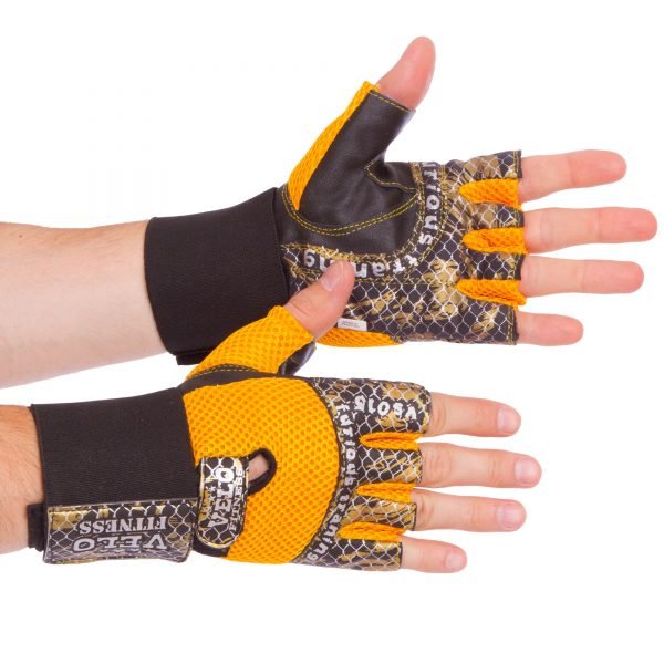 Перчатки для тяжелой атлетики кожаные VELO размер S-XL желтый-черный - S