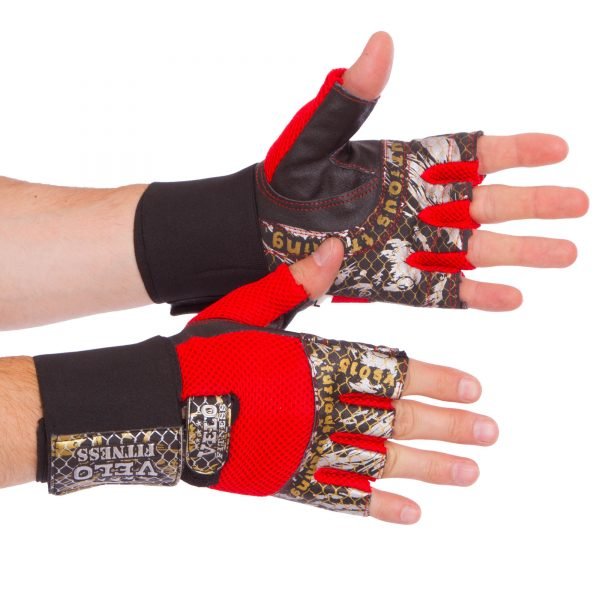 Перчатки для тяжелой атлетики кожаные VELO размер S-XL красный-черный - S