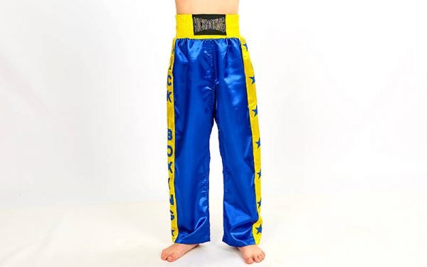 Штаны для кикбоксинга детские MATSA KICKBOXING (полиэстер, 6-14лет, рост 122-152см, синий-желтый) - рост 122см, 8
