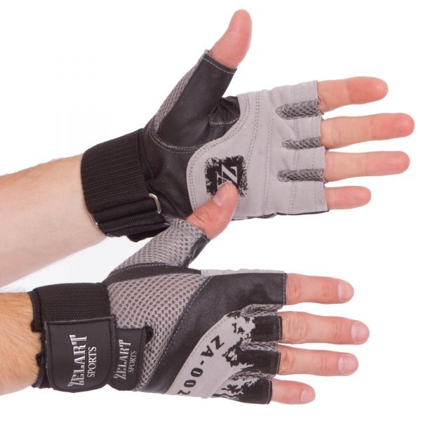 Перчатки для тяжелой атлетики кожаные Zelart размер M-XL серый-черный - M