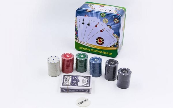 Покерный набор в металлической коробке-120 фишек (с номиналом,1 кол.карт)