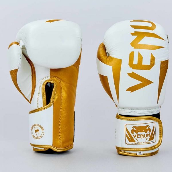 Перчатки боксерские кожаные на липучке VNM ELITE (р-р 10-12oz, цвета в ассортименте) - Белый-золотой-10 унции