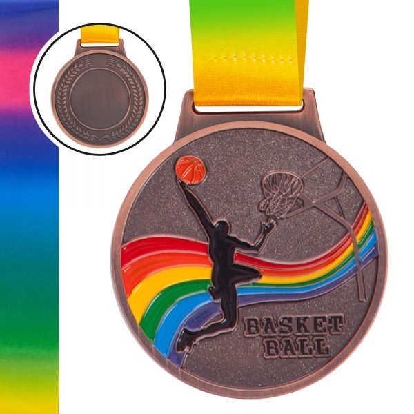 Медаль спортивная с лентой цветная d-6,5см Баскетбол BASKETBALL (металл, 38g золото, серебро, бронза) - Цвет Бронзовый