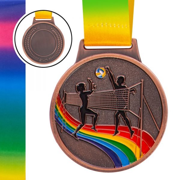 Медаль спортивная с лентой цветная d-6,5см Волейбол (металл, 38g золото, серебро, бронза) - Цвет Бронзовый