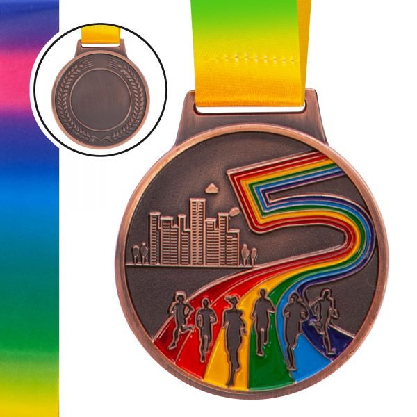 Медаль спортивная с лентой цветная d-6,5см Бег Марафон (металл, 38g золото, серебро, бронза) - Цвет Бронзовый