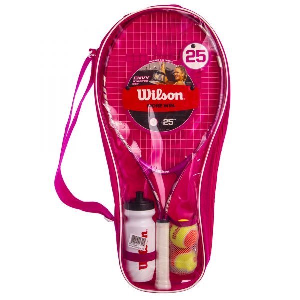 Набор для большого тенниса WILSON STARTER SET 25 (1ракетка (малиновый-белый)+2мяча(оранжевый-салатовый)+бутылка для воды)