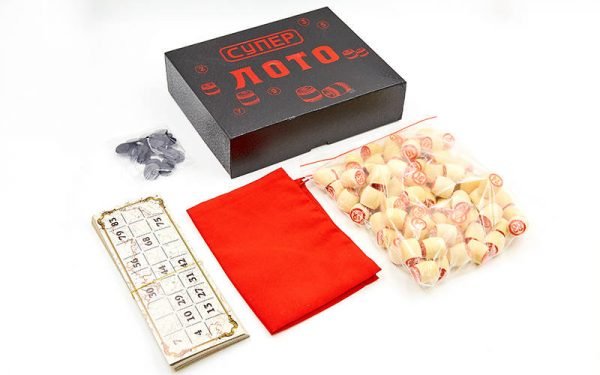 Лото настольная игра в цветной картонной коробке Супер лотто (90 дер.боч., 24карт, 40 пласт. фиш, тканевый мешок)