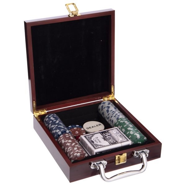 Набор для покера в деревянном кейсе на 100 фишек с номиналом (2 кол.карт,5куб)
